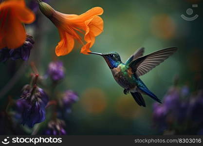 Humming bird hovering over colorful, pollen filled flowers. Generative AI