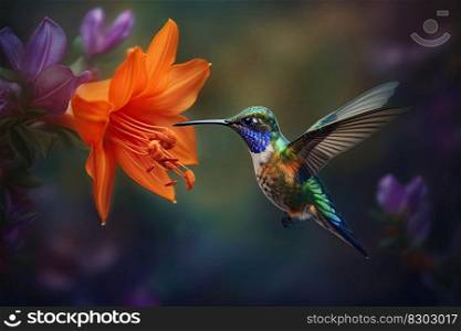 Humming bird hovering over colorful, pollen filled flowers. Generative AI