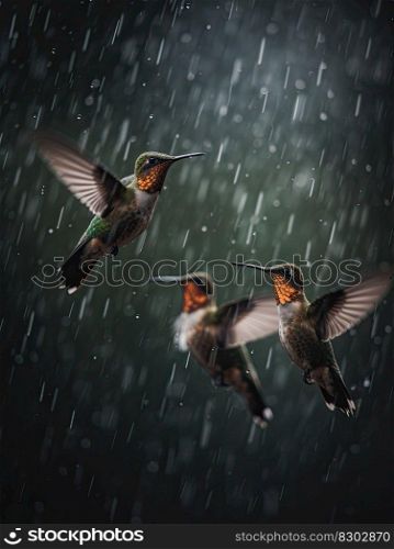Hummingbird flying on the rain. Black background. Ge≠rative AI