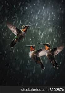 Hummingbird flying on the rain. Black background. Ge≠rative AI