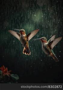 Hummingbird flying on the rain. Black background. Generative AI