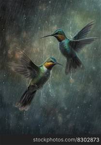 Hummingbird flying on the rain. Black background. Generative AI