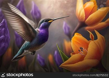 hummingbird hovering over colorful crocus blossom, created with generative ai