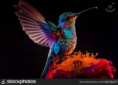  Hummingbird sitting on the flower. Generative AI
