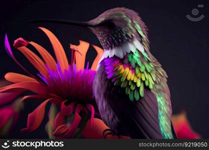  Hummingbird sitting on the flower. Generative AI
