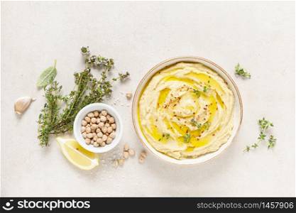Hummus, mashed chickpeas with lemon, spices and herbs