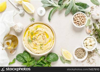 Hummus, mashed chickpeas with lemon, spices and herbs