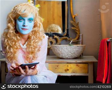Humor woman in bathroom with ebook tablet and green mask