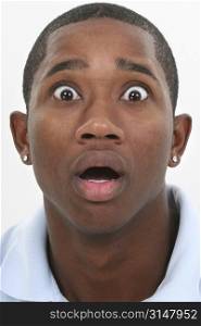 Humorous close up of a surprised man.