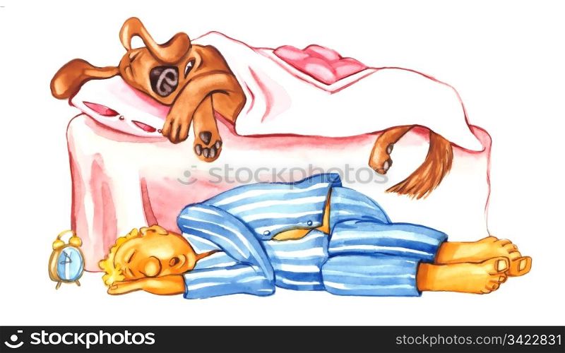 humorous Illustration of Dog and his owner sleeping