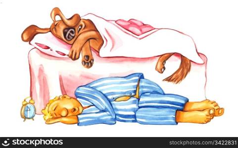 humorous Illustration of Dog and his owner sleeping