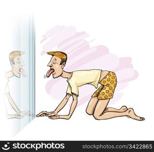 humorous illustration of man looking at his tongue in the mirror