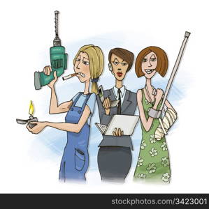 humorous illustration of three different women