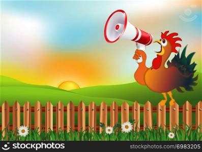 Humorous illustration with colorful rooster yelling into the megaphone. Countryside background