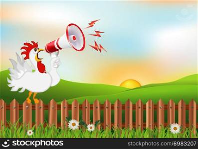 Humorous illustration with white rooster yelling into the megaphone. Countryside background