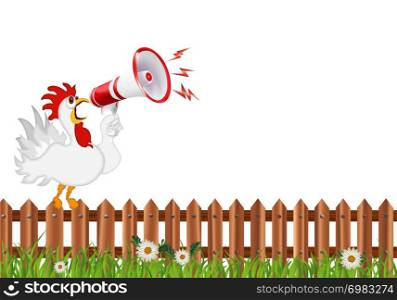 Humorous isolated illustration with white rooster on a fence that screams into the megaphone