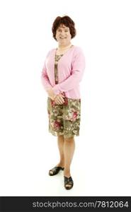 Humorous photo of a middle-aged man dressed as a woman. Isolated on white.