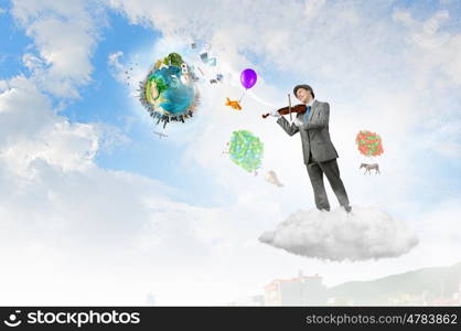 Humorous violin performer. Funny violin clown player in suit hat and white gloves. Elements of this image are furnished by NASA