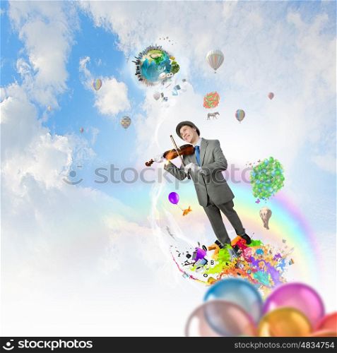 Humorous violin performer. Funny violin clown player in suit hat and white gloves. Elements of this image are furnished by NASA