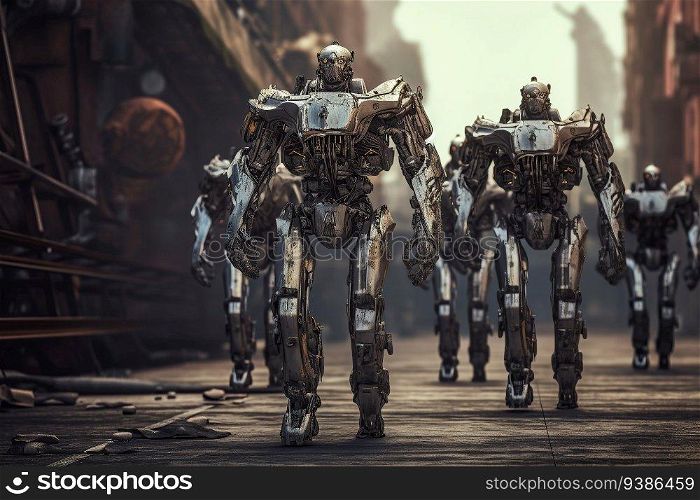 hundert of humanoids silver metal robots marching created by generative AI 