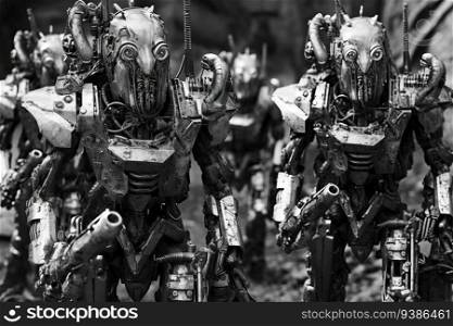 hundert of humanoids silver metal robots marching created by generative AI 