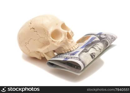 Hundred dollar bill with human skull isolated on white background