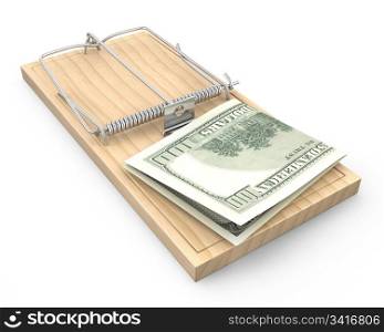Hundred dollars in a mousetrap, isolated on white background