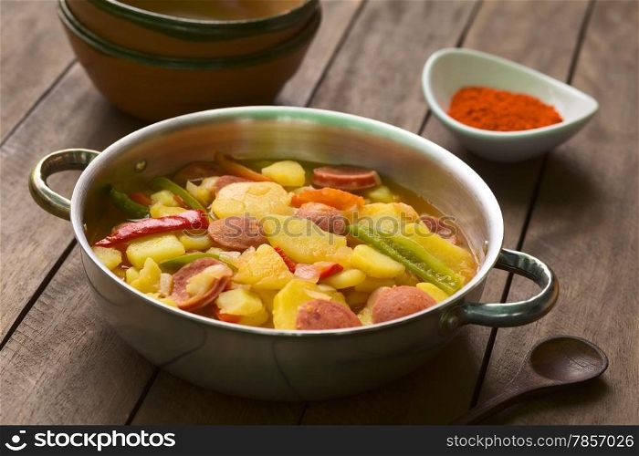 Hungarian dish called Paprikas Krumpli (Potato with Paprika), a stew made of potato, onion, pepper, tomato and sausage, seasoned with the Hungarian paprika and salt (Selective Focus, Focus in the middle of the dish)