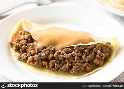 Hungarian Hortobagyi Palacsinta or Crepe a la Hortobagy, a savory thin pancake filled with minced meat and served with a paprika and sour cream sauce based on the sauce of the meat, photographed with natural light (Selective Focus, Focus in the middle of the image)