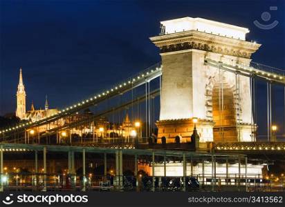 Hungarian landmark, Budapest Chain Bridge night view. Long exposure.