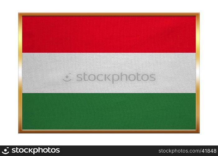 Hungarian national official flag. Patriotic symbol, banner, element, background. Correct colors. Flag of Hungary , golden frame, fabric texture, illustration. Accurate size, color