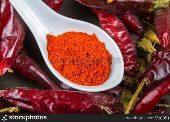 Hungarian Paprika in white ceramic spoon on bed of peppers, macro