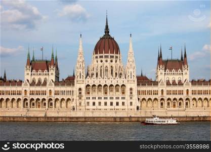 Hungarian Parliament Building Gothic Revival architecture by the Danube river in Budapest, Hungary.