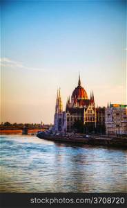 Hungarian Parliament building in Budapest at sunrise