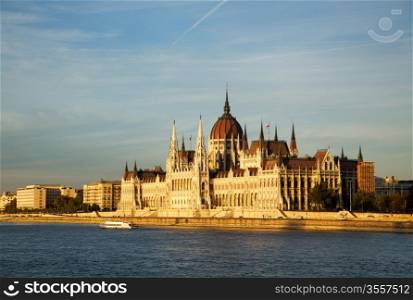 Hungarian Parliament building in Budapest, Hungary at sunset