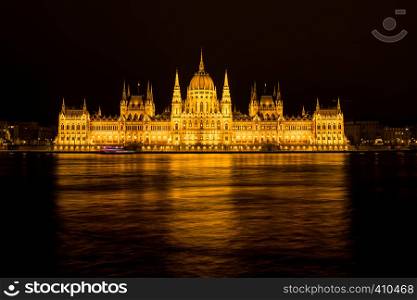 Hungarian Parliment night panoramic view, Budapest, Hungary