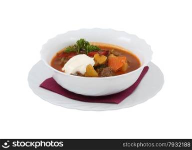 Hungarian soup with vegetables and meat on an isolated background. Hungarian soup with vegetables and meat