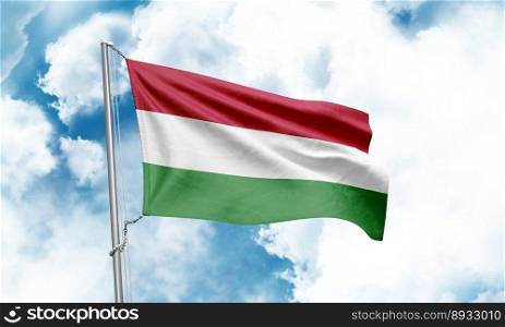Hungary flag waving on sky background. 3D Rendering