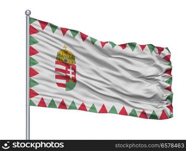 Hungary Naval Ensign Flag On Flagpole, Isolated On White Background. Hungary Naval Ensign Flag On Flagpole, Isolated On White