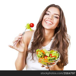 hungry beautiful healthy woman holding salad on white background