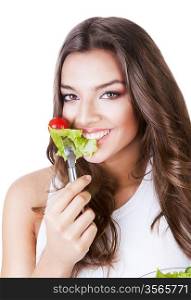 hungry beautiful healthy woman with salad on white background