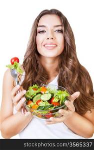 hungry beautiful woman with salad on white background