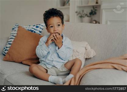 Hungry cute african american boy toddler eating delicious chocolate cupcake that mother brought from local bakery, enjoying the sweet taste while sitting on light sofa in living room at home. Hungry cute afro american boy eating cupcake while spending time at home