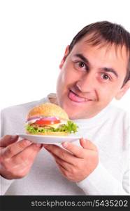 Hungry man very need a hamburger isolated on white background