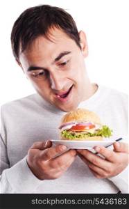 Hungry man very need a hamburger isolated on white background