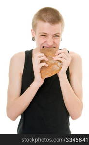 hungry teenager eating bread isolated on white background