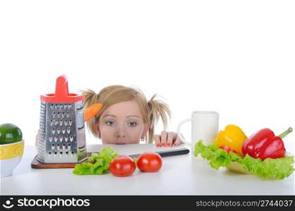hungry woman looking for fresh vegetables. Isolated on white background