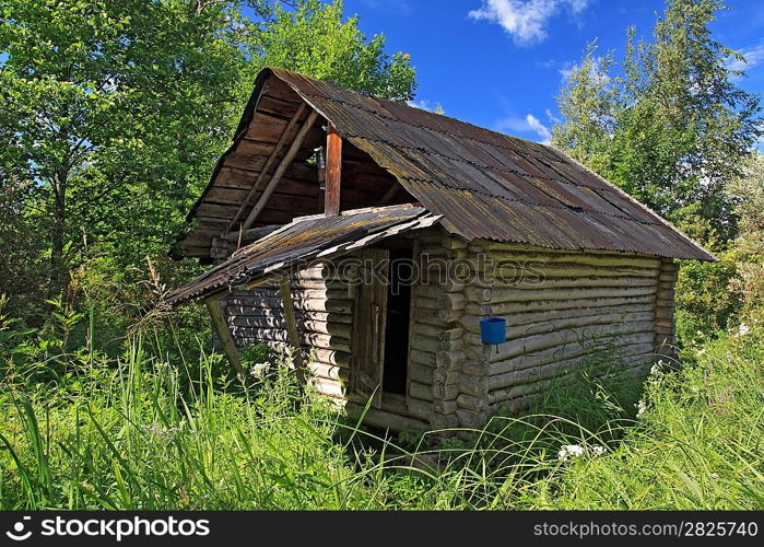 hunter&acute;s hut in a green forest
