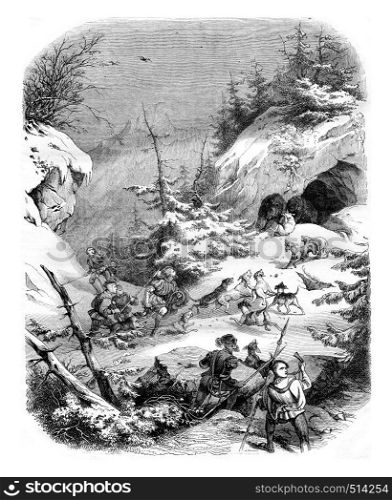 Hunting a bear, in feudal times, vintage engraved illustration. Magasin Pittoresque 1844.