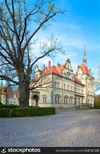Hunting castle of Count Schonborn in Carpaty (in the past - Beregvar) Village (Zakarpattja Region, Ukraine). Built in 1890. Three shots stitch image.